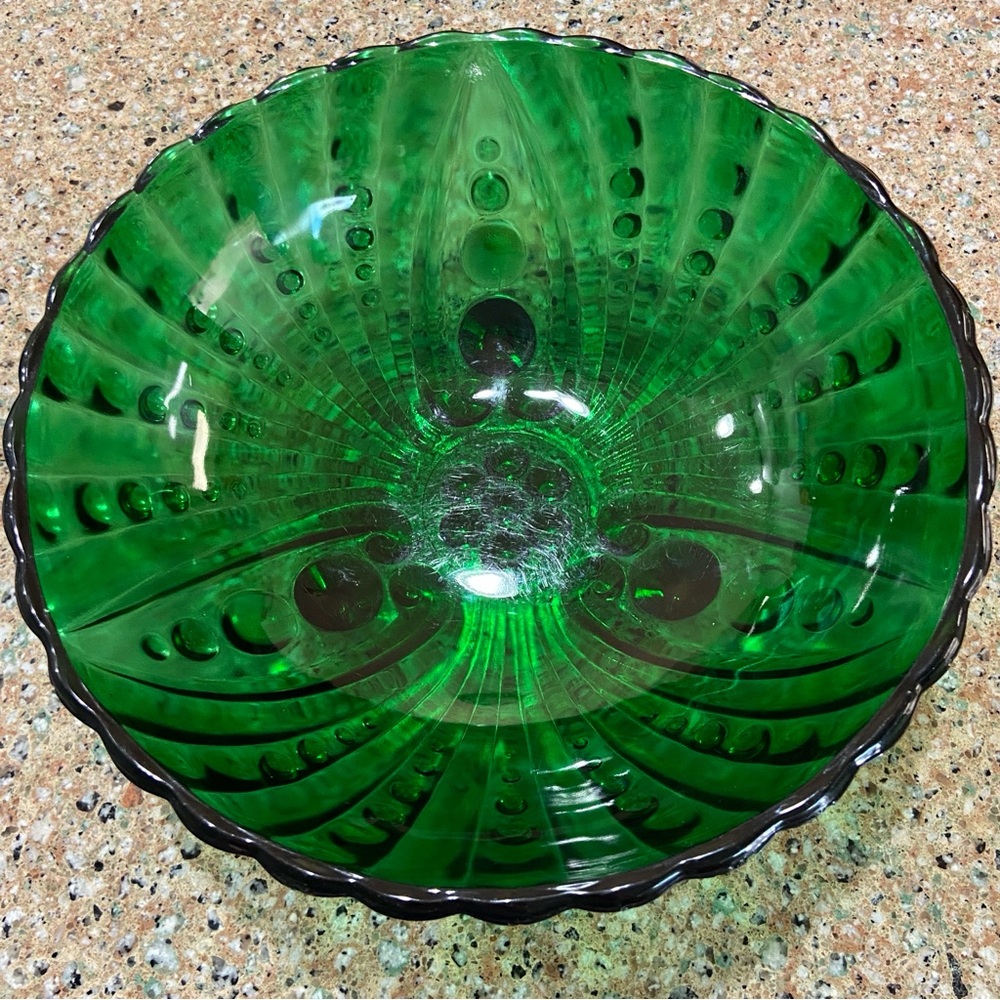 50s Anchor Hocking Forest Green Burple Inspiration Bubble Dot Footed 8.5” Bowl - Picture 1 of 11
